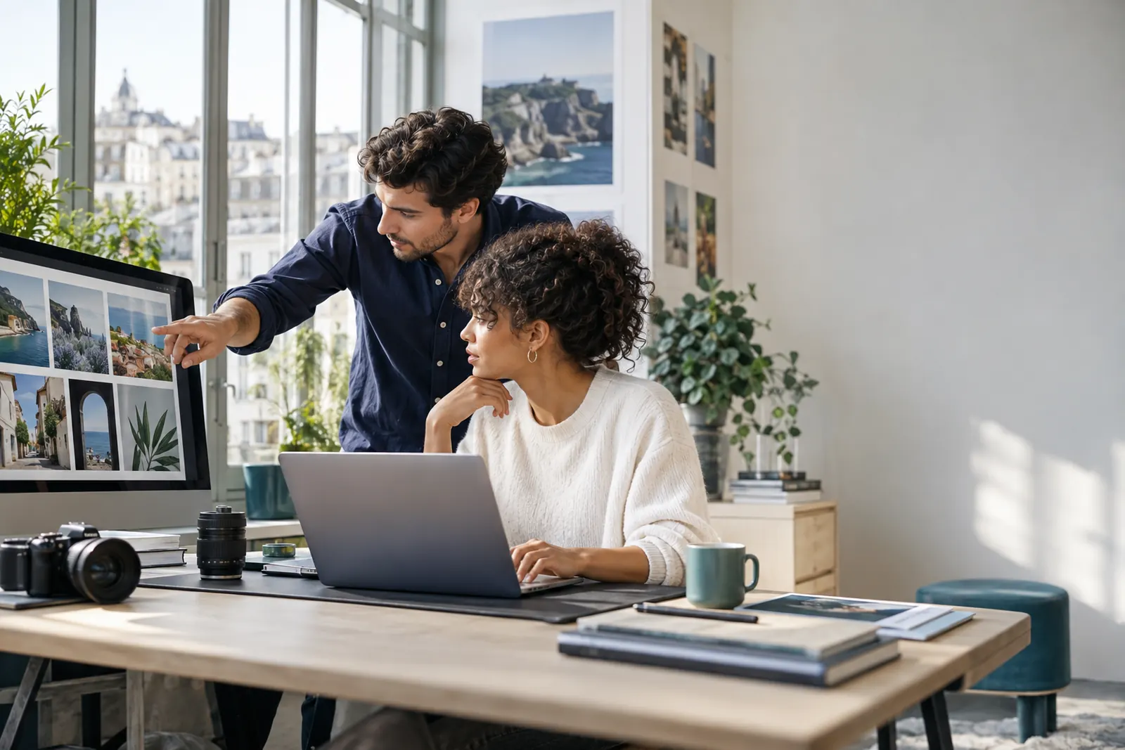 Équipe éditoriale choisissant des images accessibles pour un site multilingue