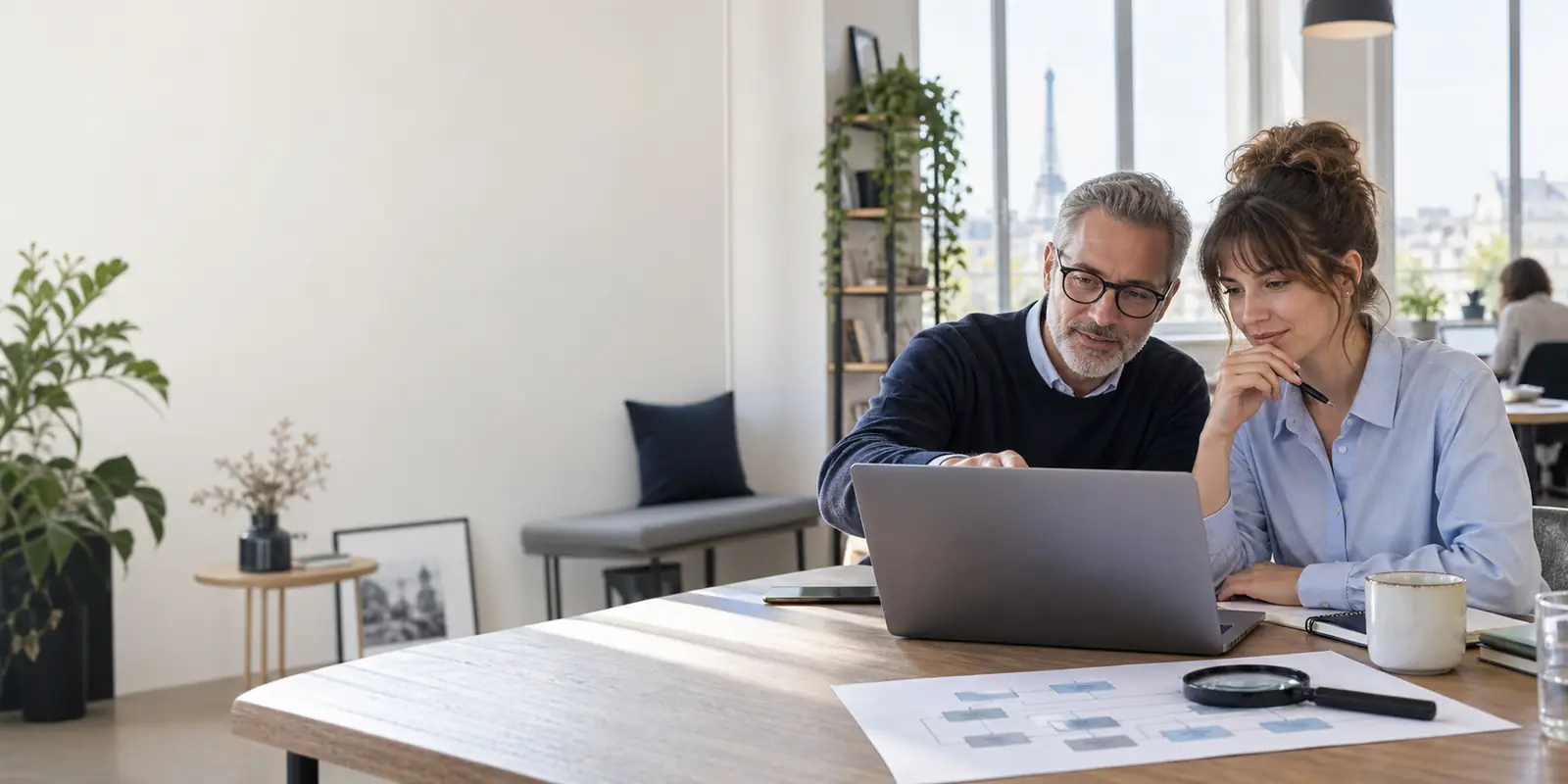 Spécialiste SEO et responsable de projet examinant l’architecture d’un site