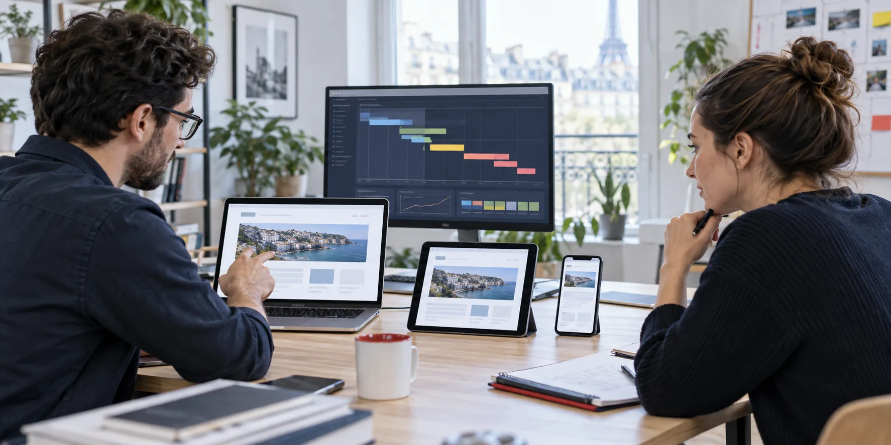 Engineers analyzing web performance across several devices
