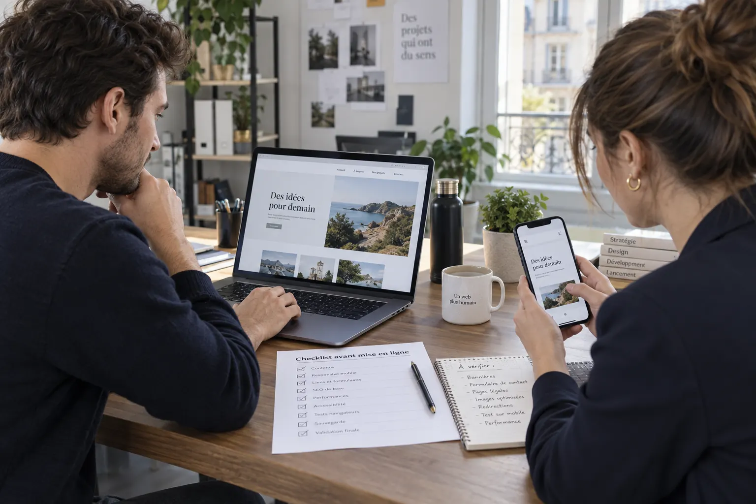 Équipe web vérifiant un site sur ordinateur et mobile avant publication